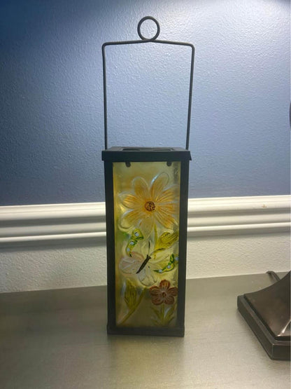 Hand-Painted Floral Textured Glass Lantern with Metal Frame