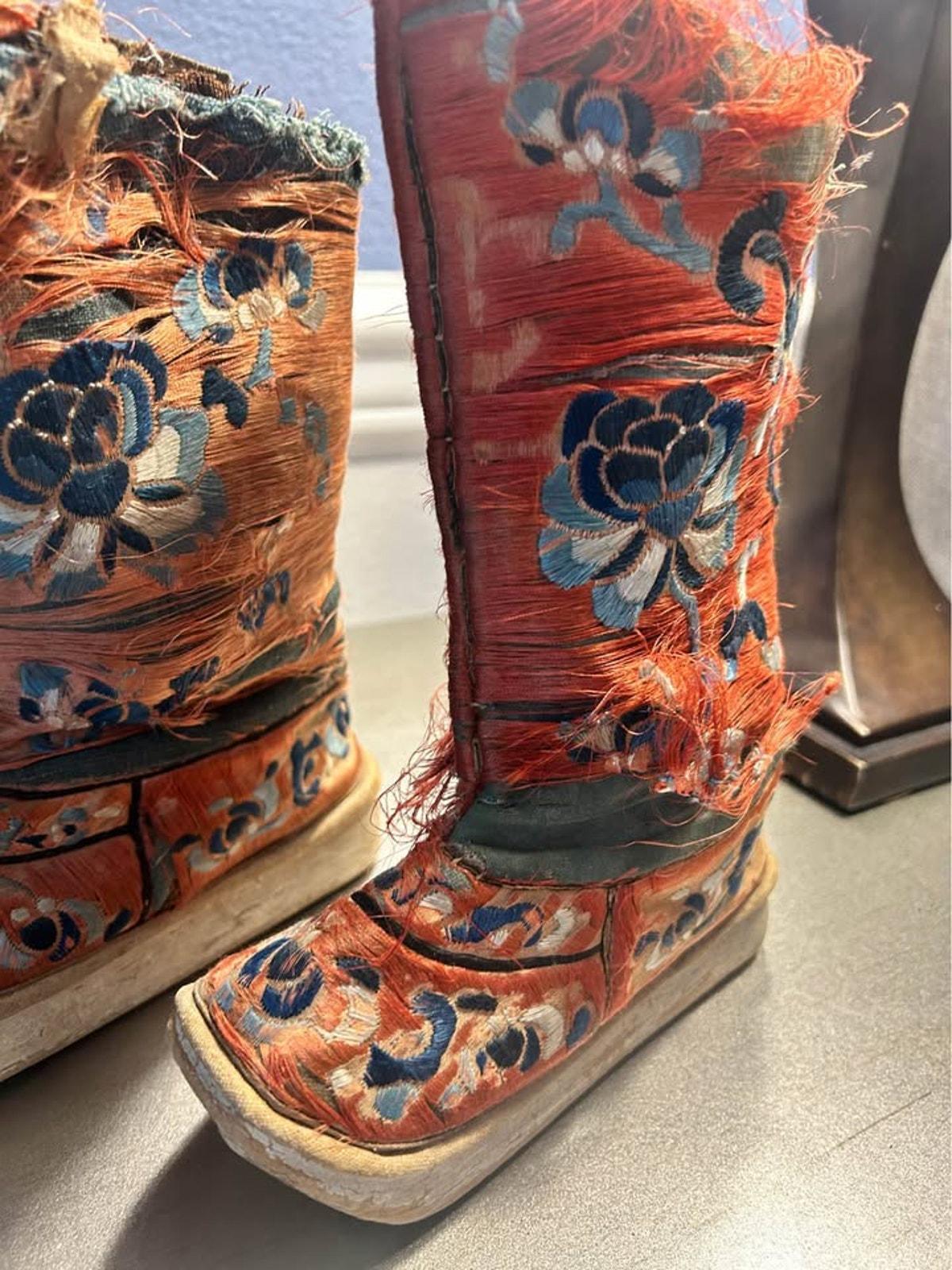 Antique Chinese Silk Embroidered Lotus Shoes Distressed Qing Dynasty