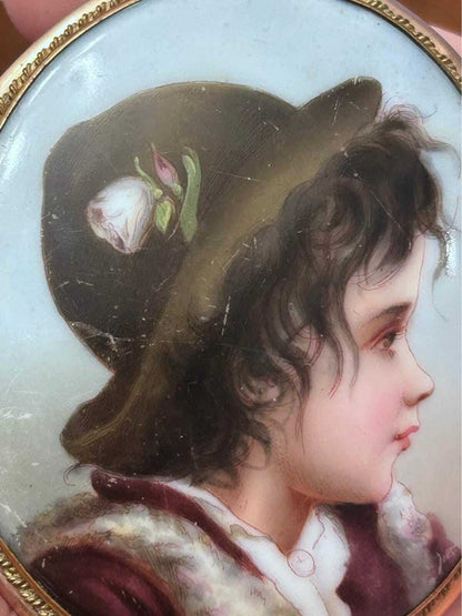 Antique Victorian Hand-Painted Porcelain Girl Portrait Brooch
