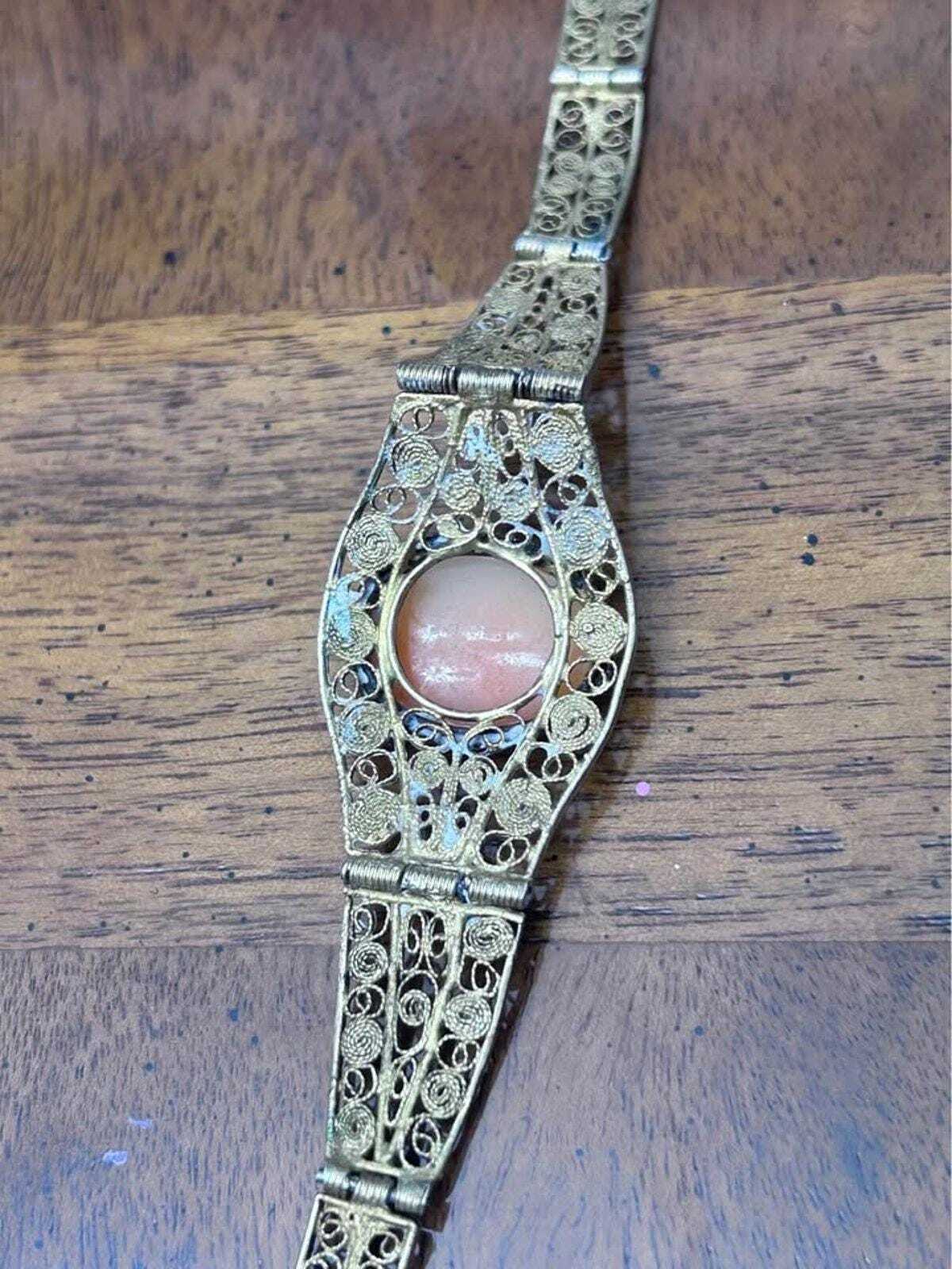 Antique Art Deco 800 Silver Filigree Hand Carved Shell Cameo Panel Bracelet
