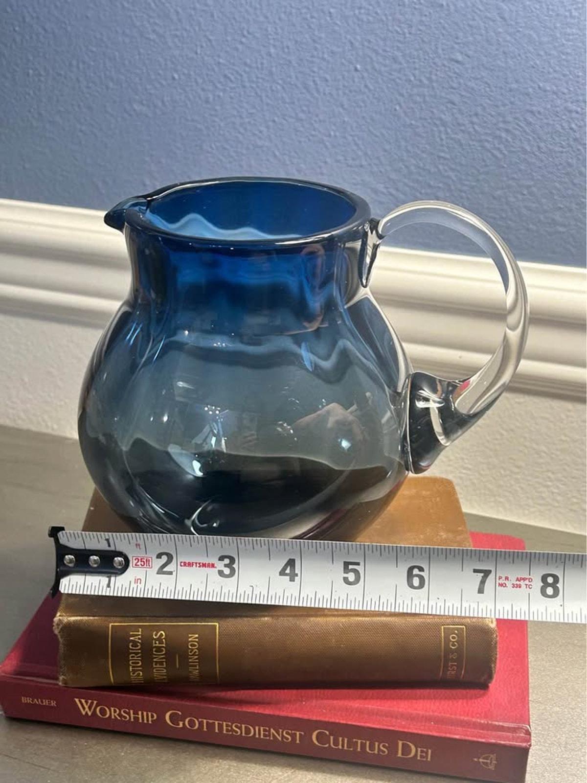 Mid-Century Hand-Blown Blue Art Glass Pitcher | Optic Ribbed Bulbous Jug with Clear Applied Handle