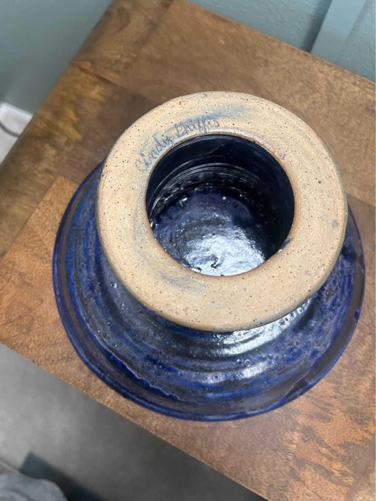 Cindy Briffis Studio Pottery Pedestal Bowl, Cobalt Blue Glaze, Brutalist MCM Decor