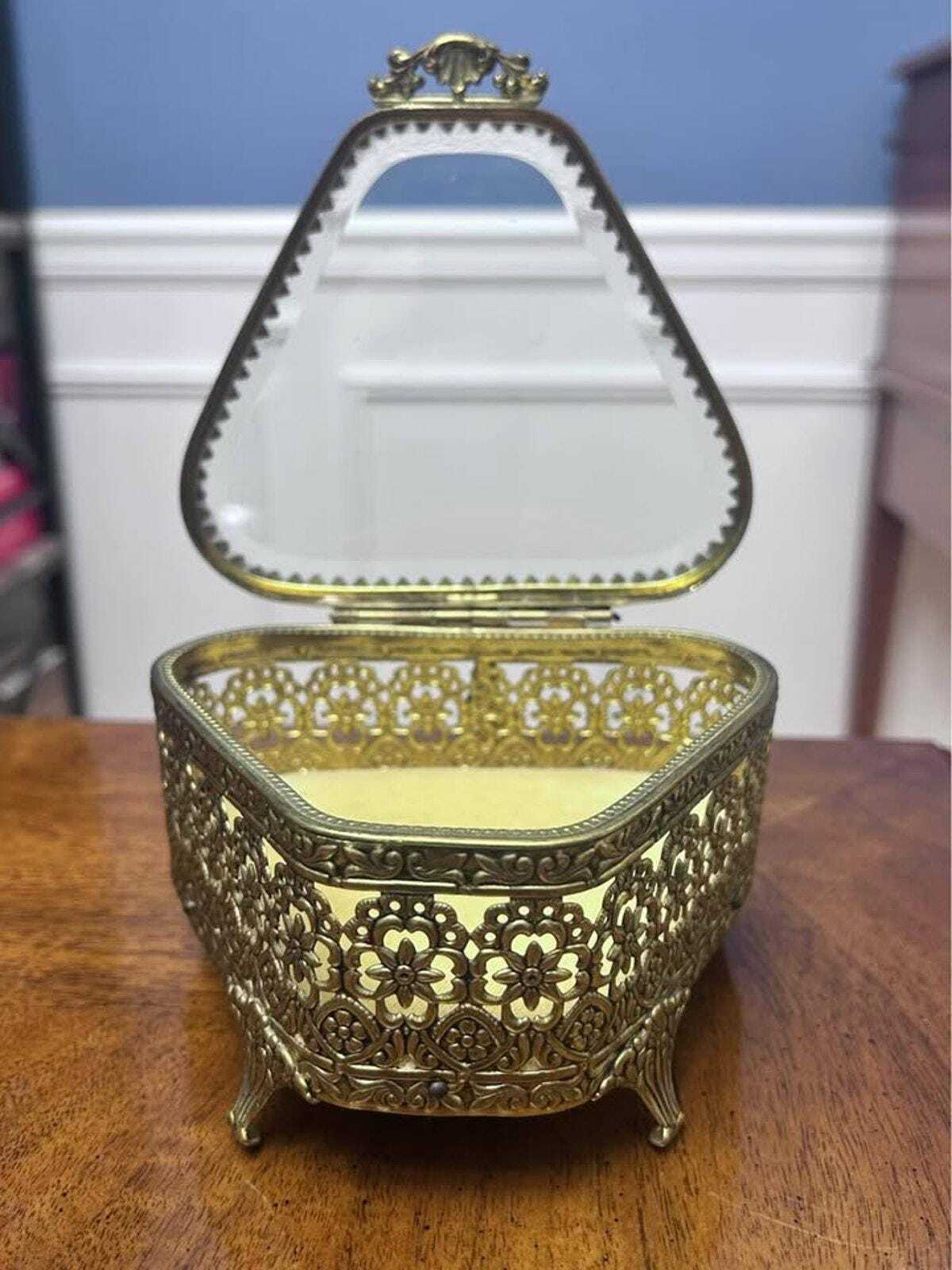 Vintage Hollywood Regency Ormolu Beveled Glass Trinket Box Floral Vanity Casket