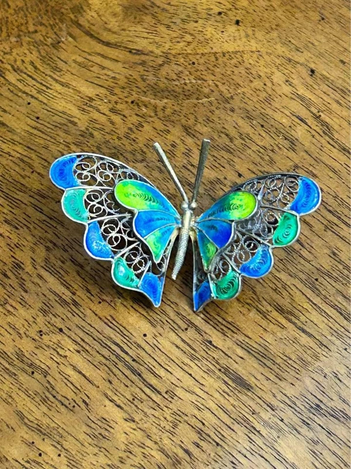 Vintage 800 Silver Filigree Butterfly Brooch With Blue & Green Enamel