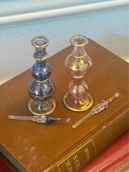 Vintage Egyptian Hand Blown Glass Perfume Bottles Gold Gilt Trim Set of Two