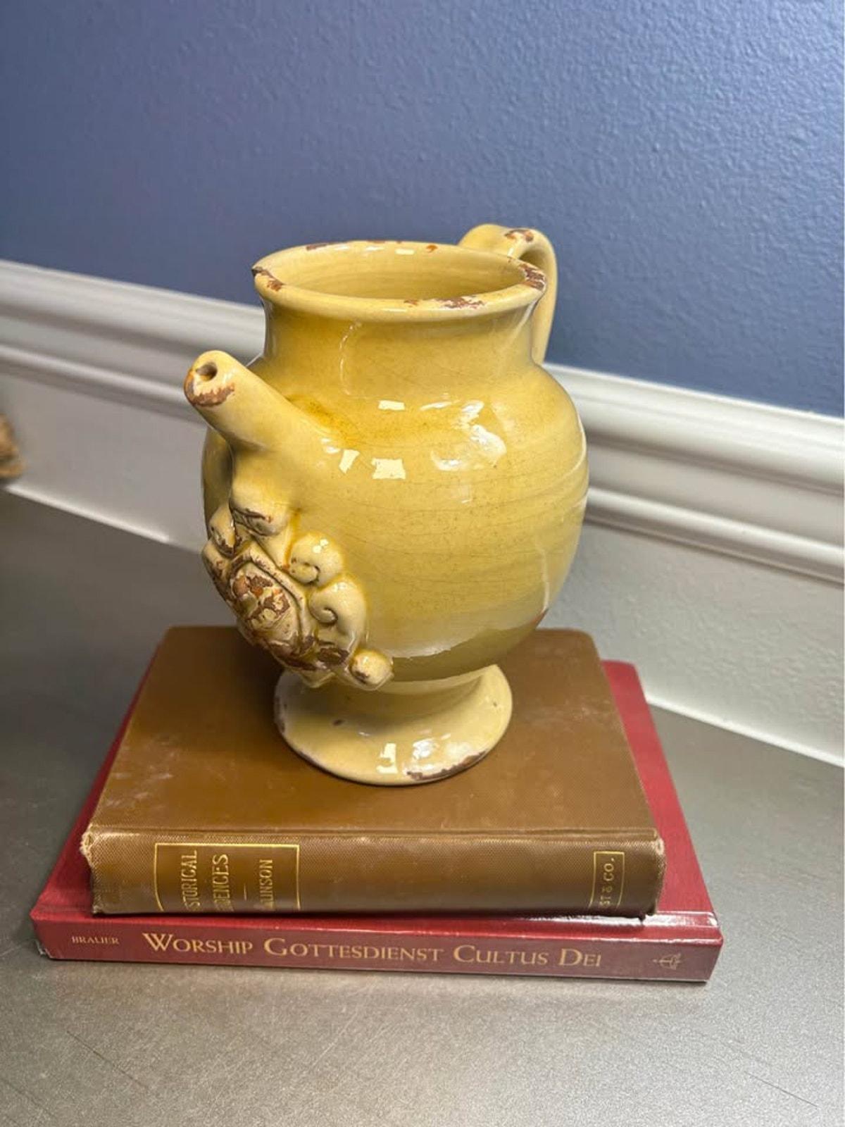 Leona Italy 1960s Handworked Yellow Pottery Pitcher - Rustic Relief Crest
