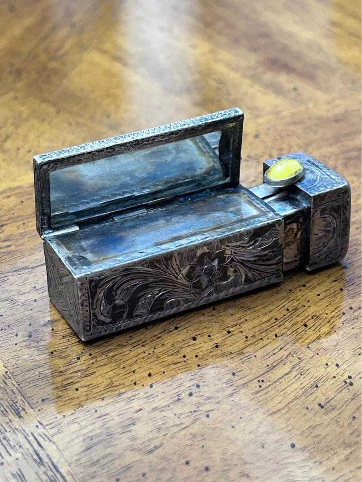 Antique 800 Silver Engraved Sliding Lipstick Case with Hidden Mirror
