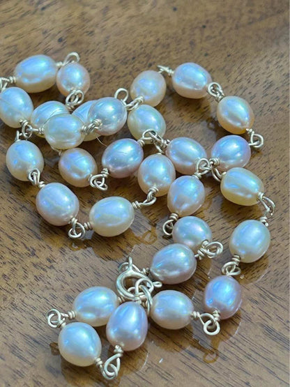 Vintage 14k Gold Wire Wrapped Freshwater Pearl Necklace, Pastel Baroque Pearls