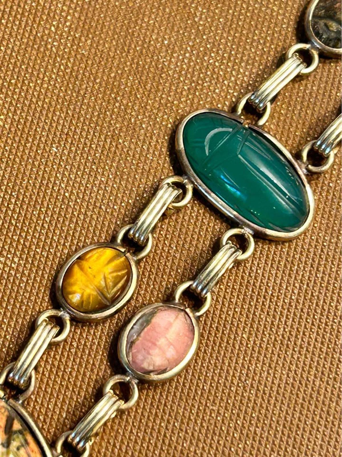 Vintage 12k Gold Filled Double Link Scarab Bracelet - Multi-Gemstone Egyptian with Safety Chain