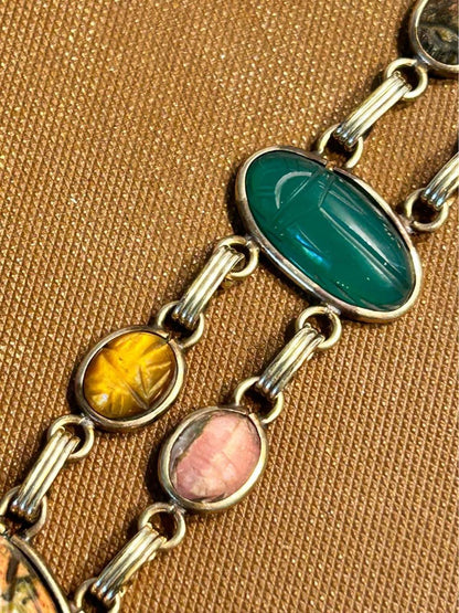 Vintage 12k Gold Filled Double Link Scarab Bracelet - Multi-Gemstone Egyptian with Safety Chain