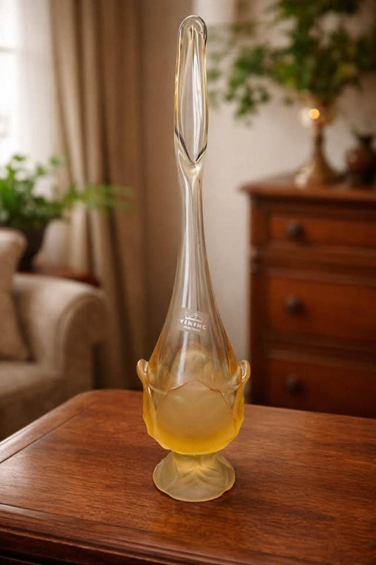 Viking Glass Amber Frosted Satin Lotus Bud Long Neck Swung Vase