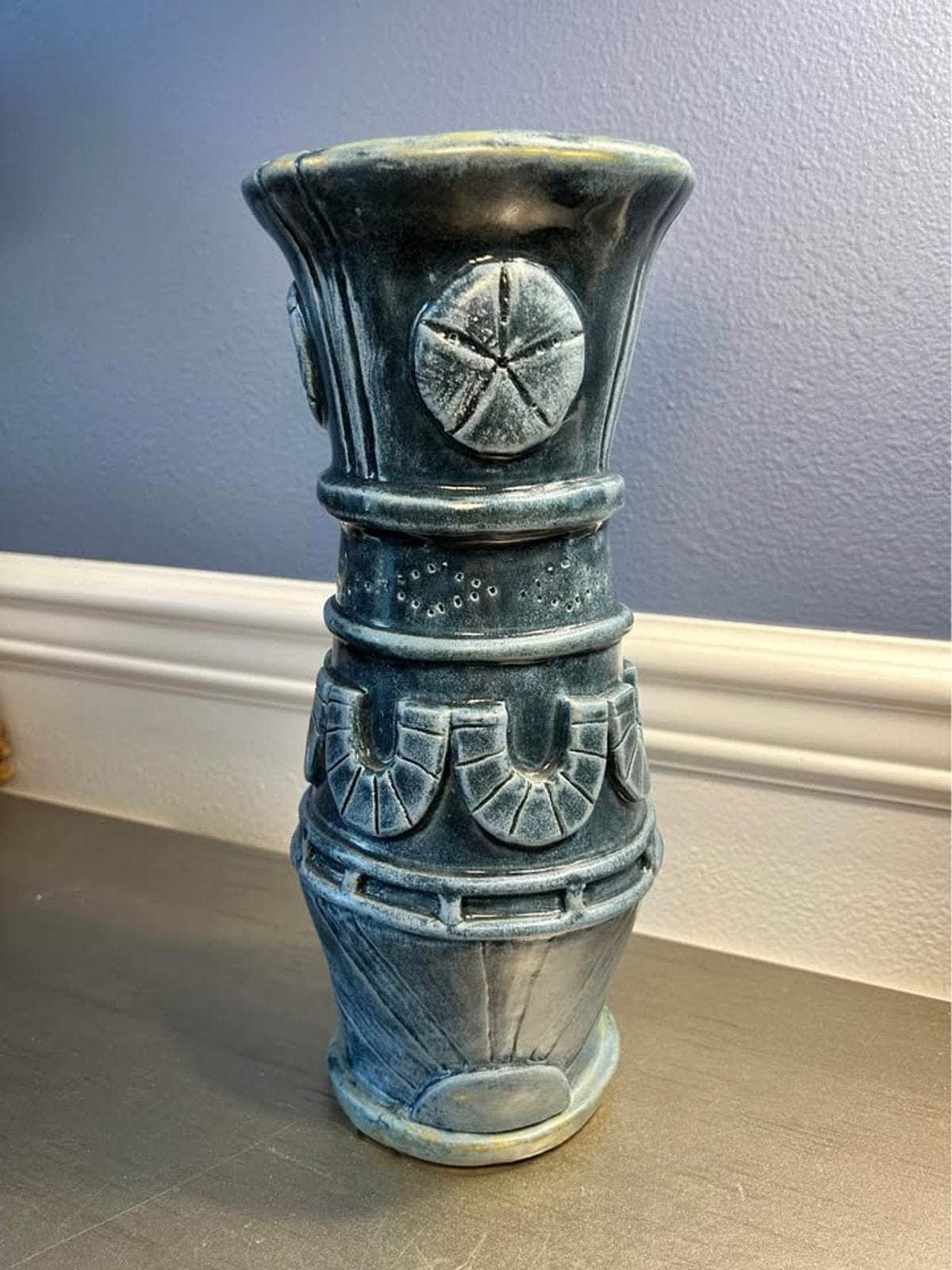 Artisan Indigo Blue Sand Dollar Pottery Vase - 11.5" Tall Coastal Stoneware