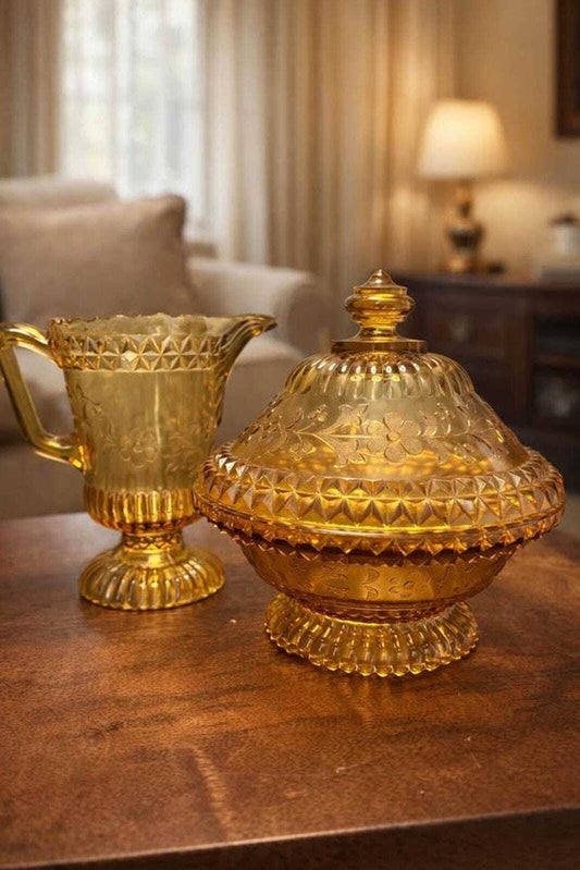 Adams Wildflower Pattern Amber Glass Pitcher and Covered Sweetmeat Set