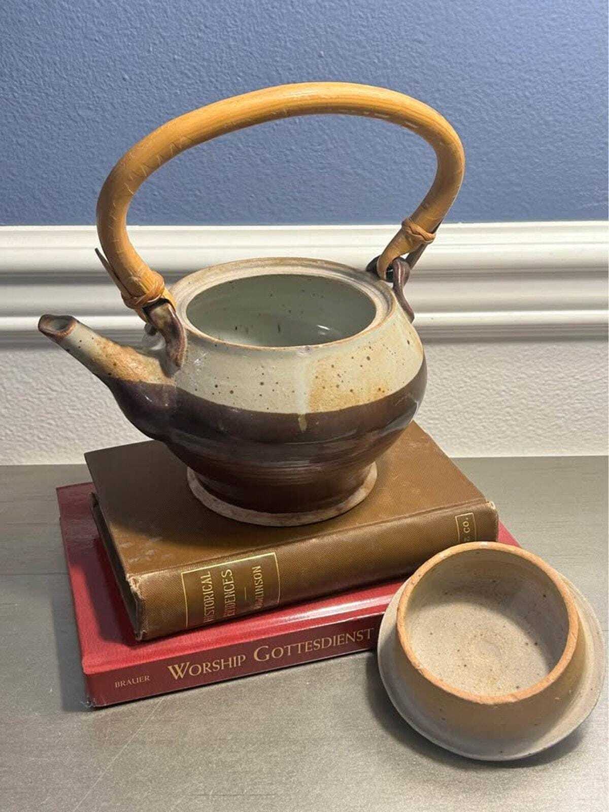 Vintage Connie Dubois Studio Pottery Teapot | Two-Tone Stoneware with Bamboo Handle | Signed 2001
