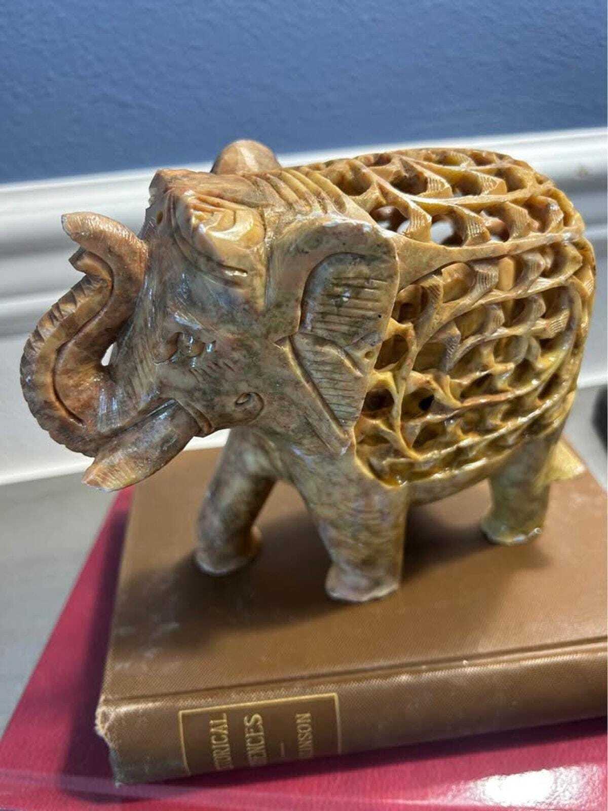 Vintage Hand-Carved Jali Soapstone Elephant Sculpture with Inner Baby Elephant