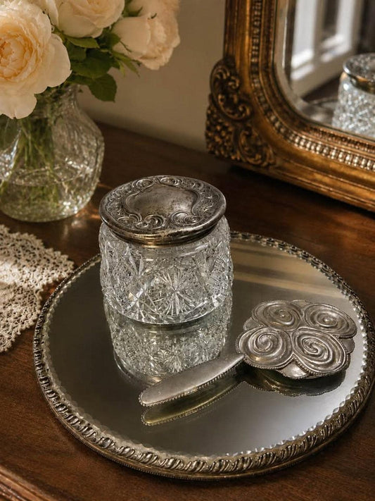 Antique Sterling Silver Repousse & ABP Cut Glass Vanity Set | Celtic Mirror and 14 inch Tray