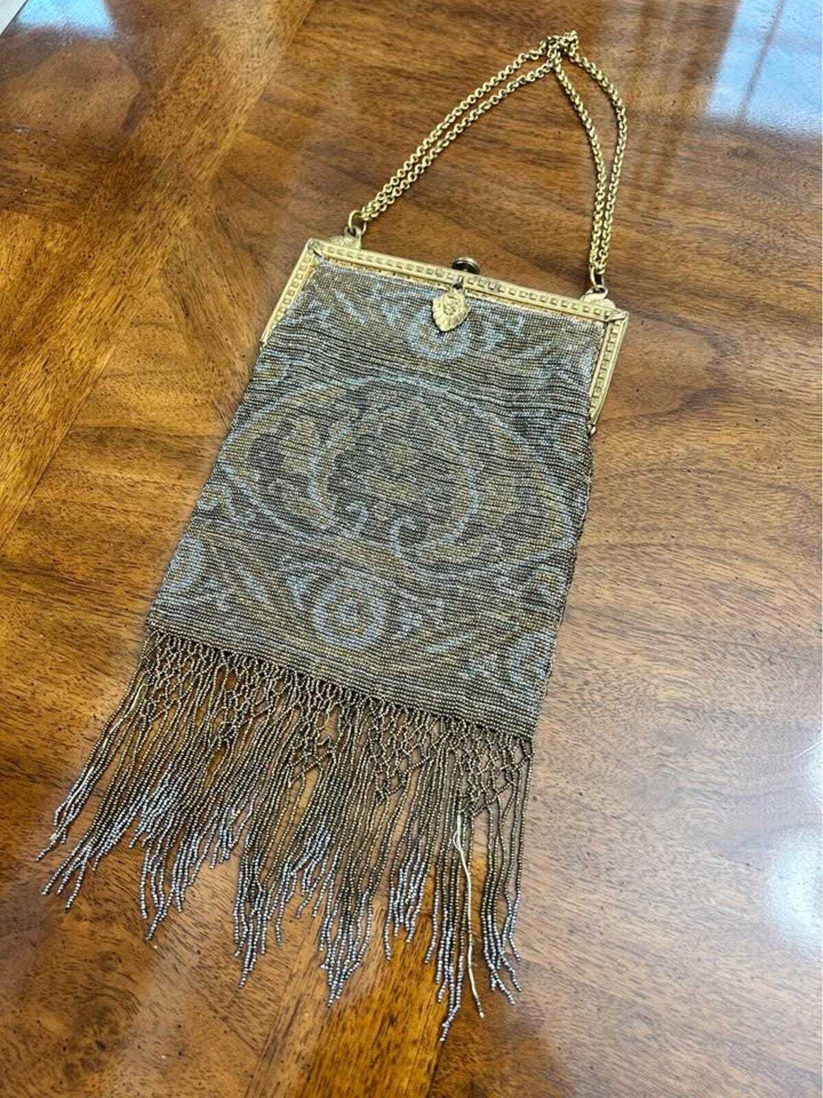 Antique 1920s Art Deco Micro-Beaded Evening Purse with Brass Swan Frame