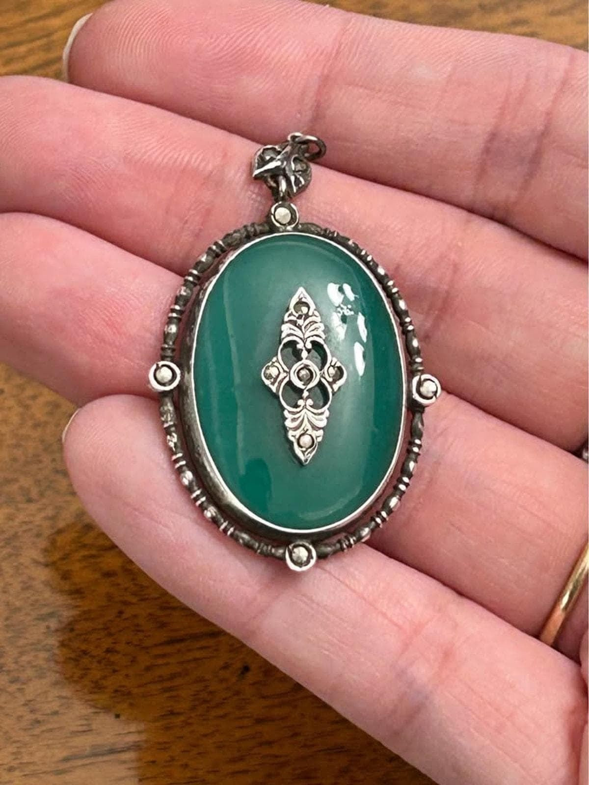 Antique Art Deco Sterling Silver Green Chrysoprase Marcasite Pendant