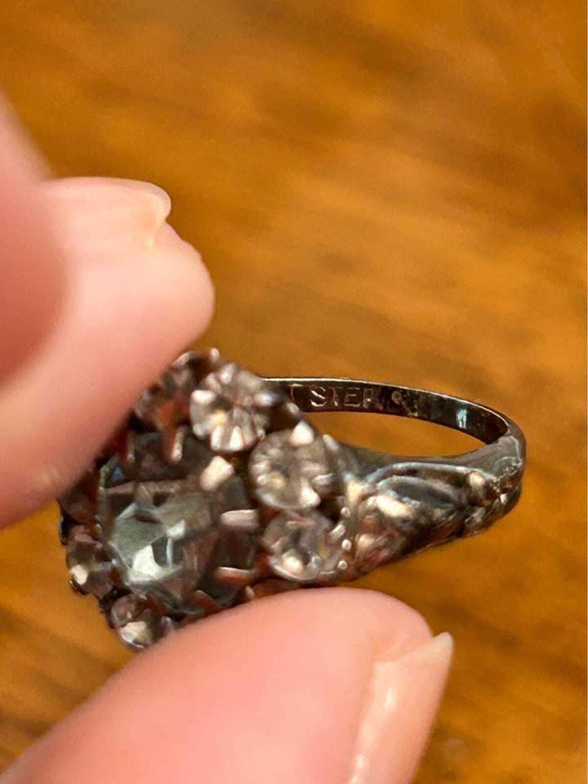 Art Deco Sterling Silver Aquamarine Glass Paste Cluster Ring - size 5
