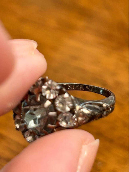 Art Deco Sterling Silver Aquamarine Glass Paste Cluster Ring - size 5