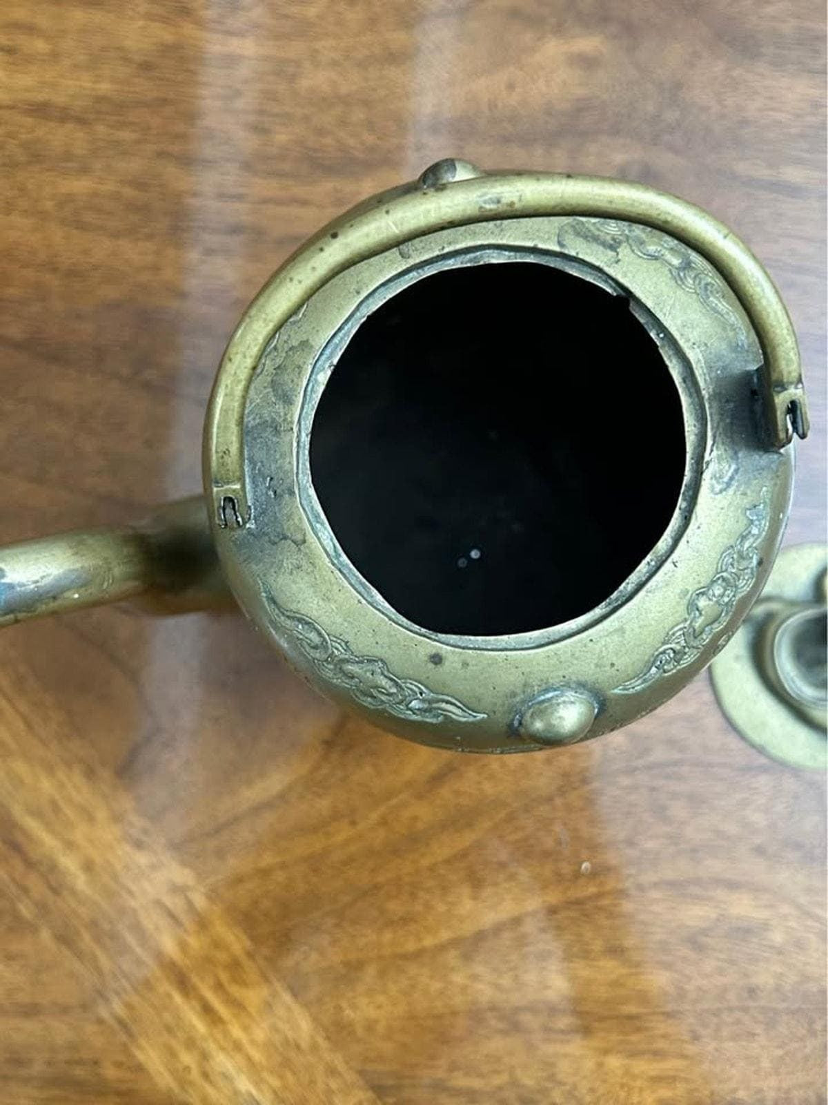 Vintage Engraved Asian Brass Teapot with Taoist Immortal and Xuanwu Tortoise Finial