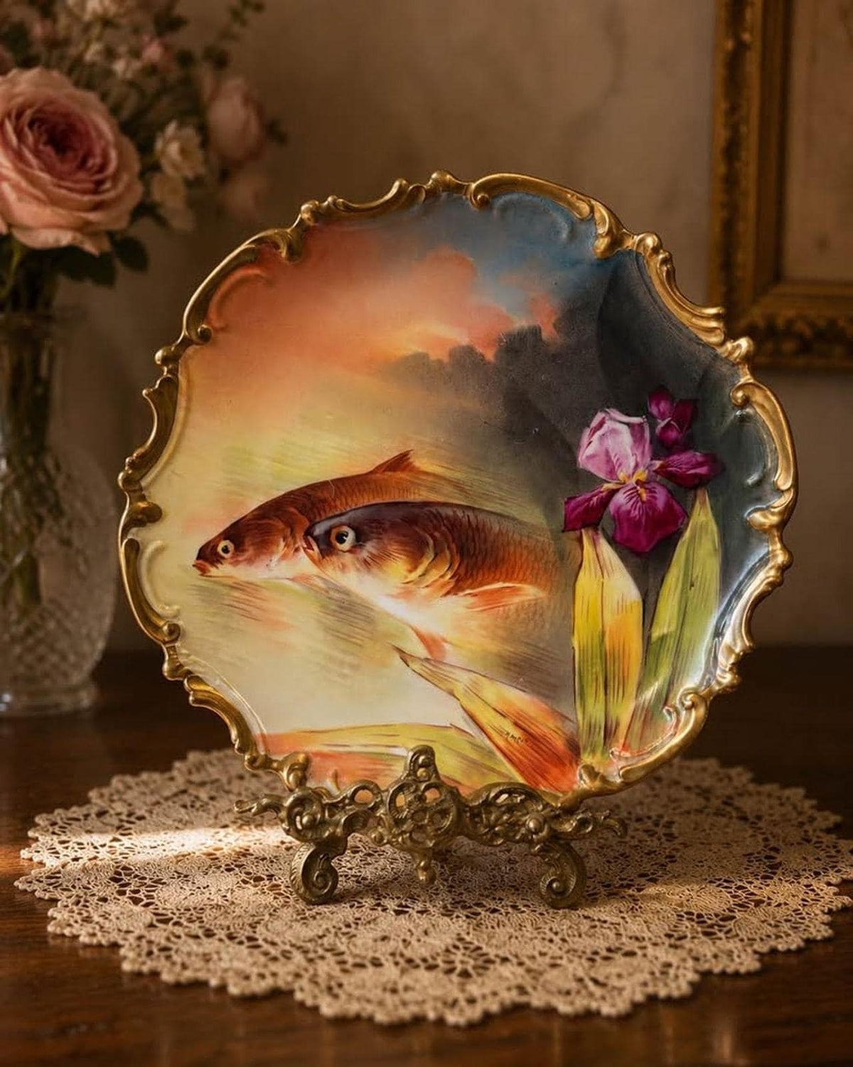 Antique Limoges France Hand Painted Fish Charger Plate Signed Marcel