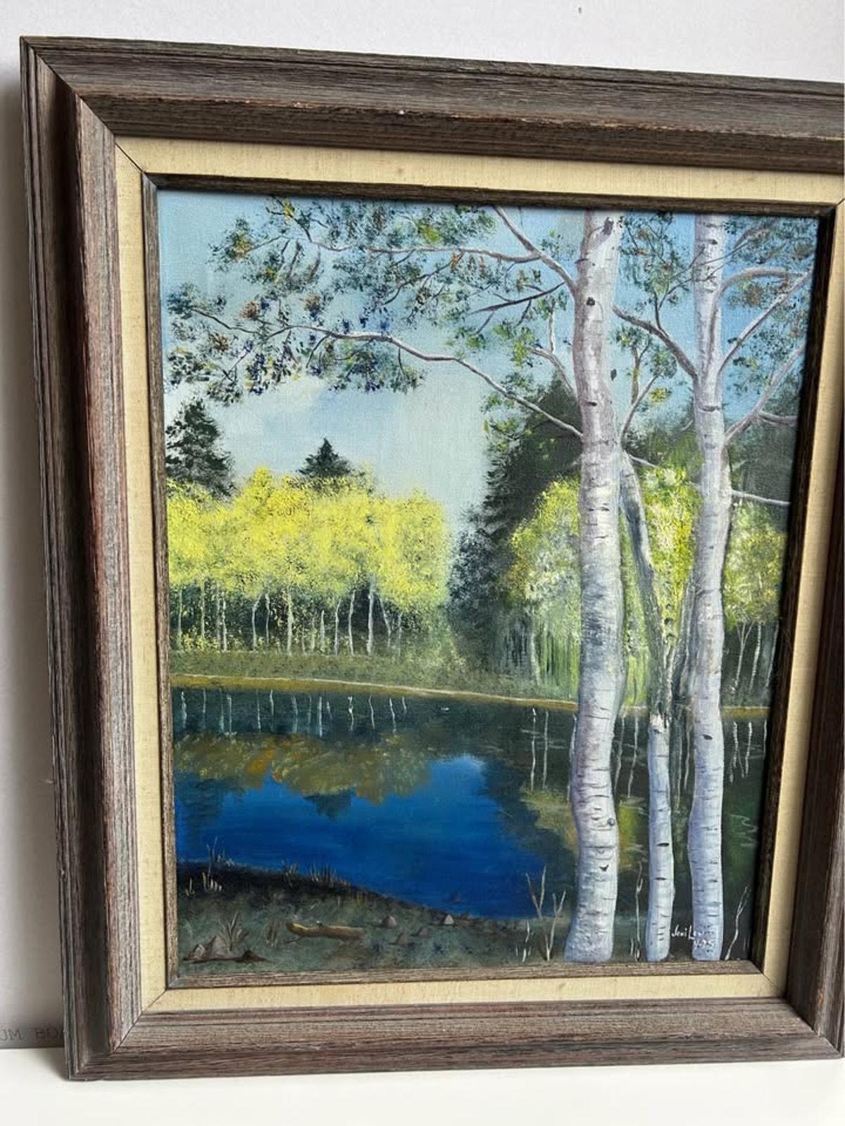 Joni Lewis Original Oil Painting - Birch Trees and Lake Landscape, 1975 - Framed 27x21.5