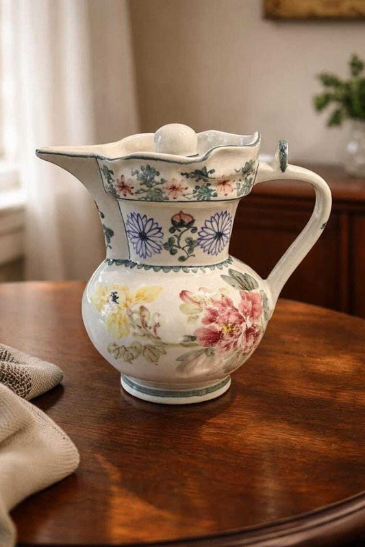 Vintage 13" Chinoiserie Floral Ceramic Pitcher with Lid – Blue, Pink, and Yellow Hand-Painted Decora