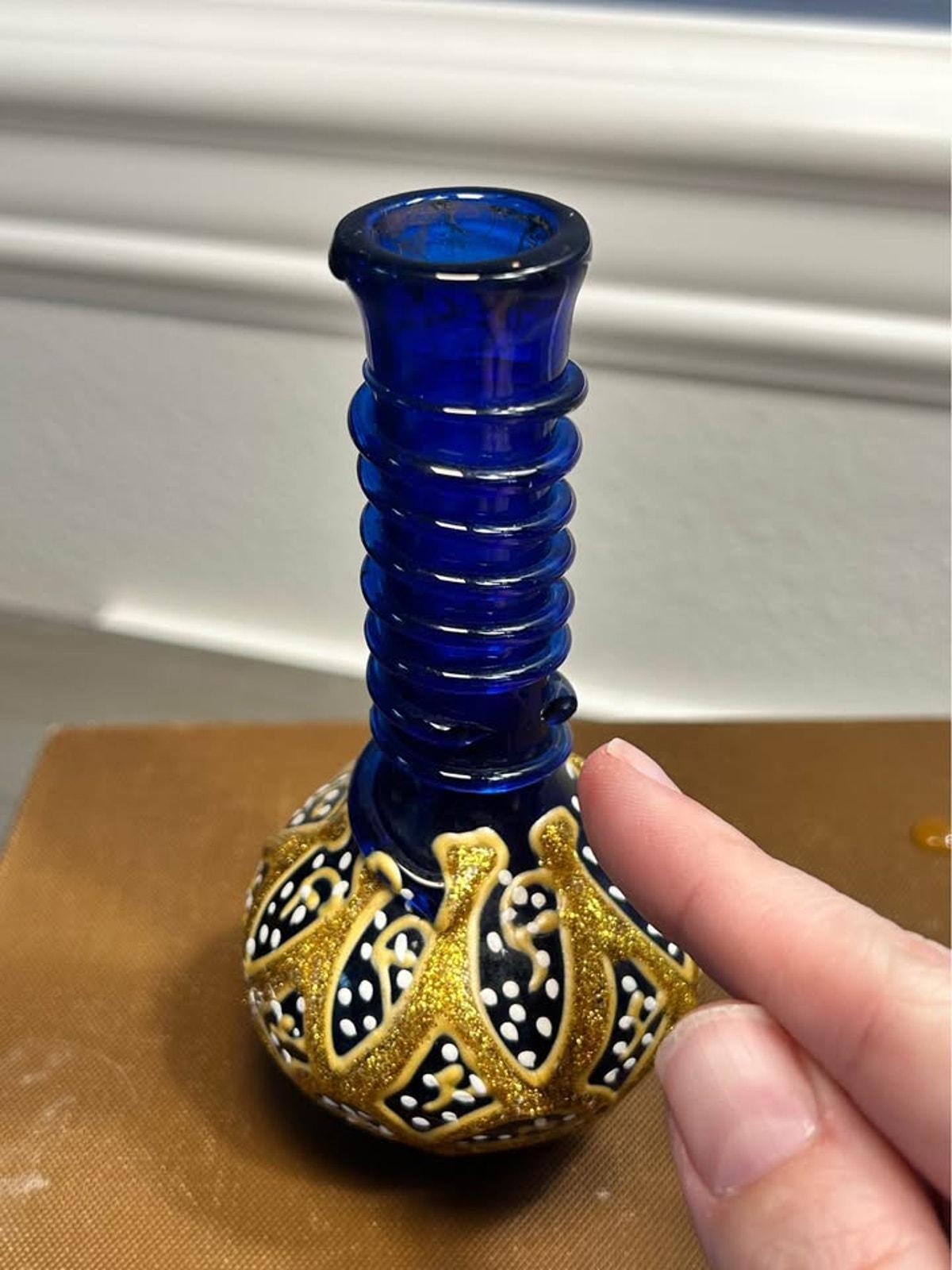 Vintage 1970s Bohemian Style Cobalt Blue & Gold Glass Miniature Vase