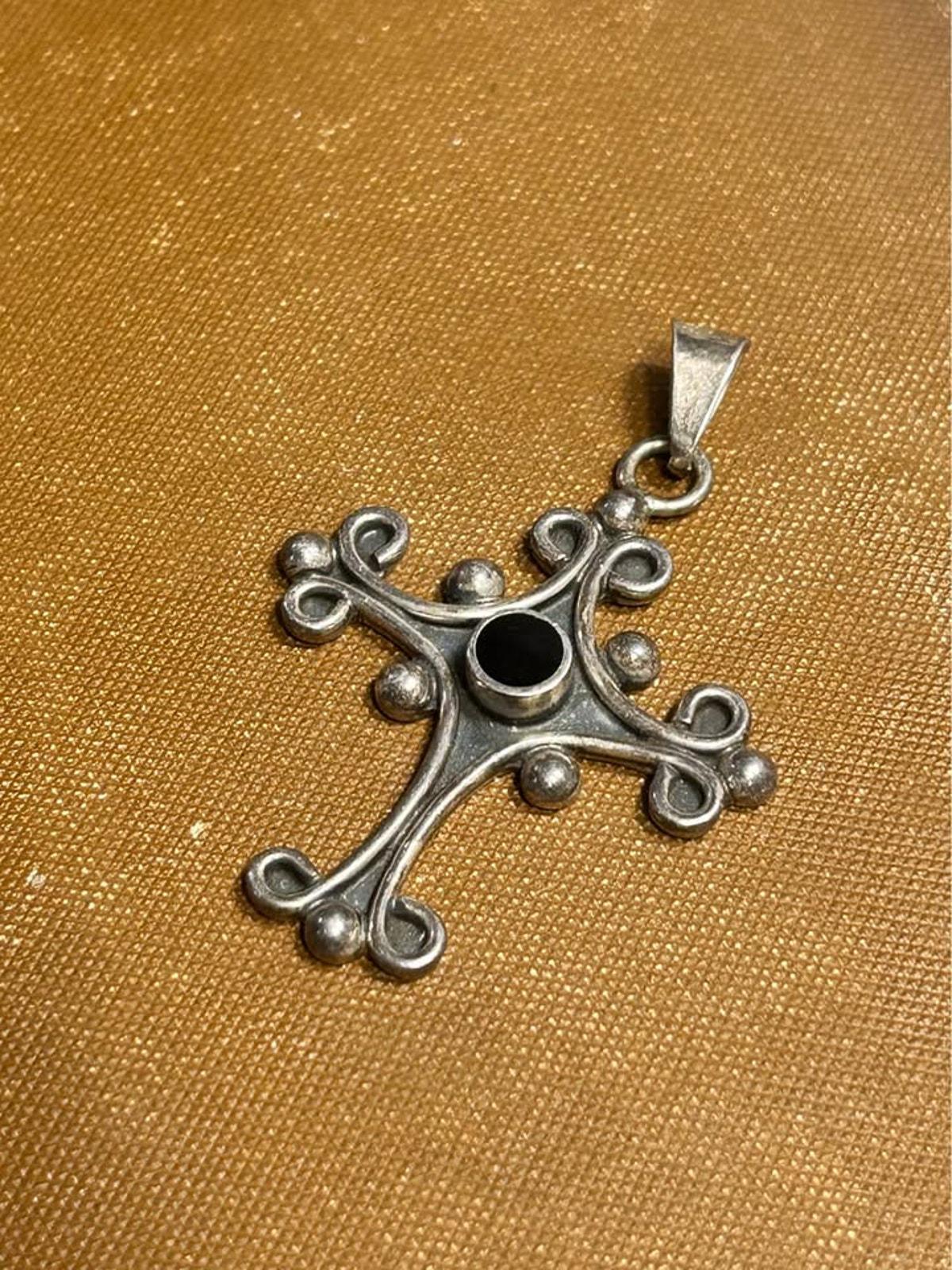 Vintage Sterling Silver Scrollwork Cross Pendant Black Cabochon Gothic Revival Artisan