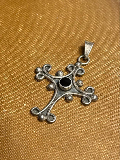 Vintage Sterling Silver Scrollwork Cross Pendant Black Cabochon Gothic Revival Artisan