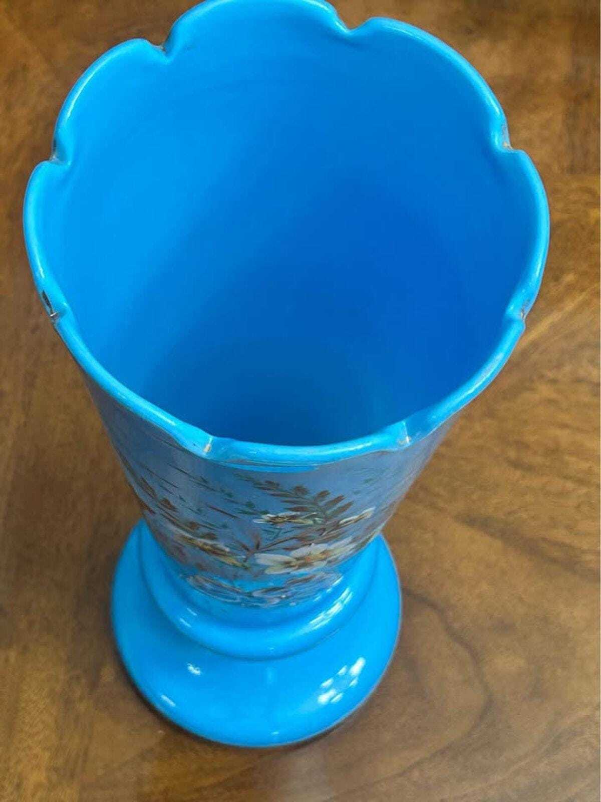Antique Victorian Bristol Blue Glass Hand-Painted Enamel Floral Vase