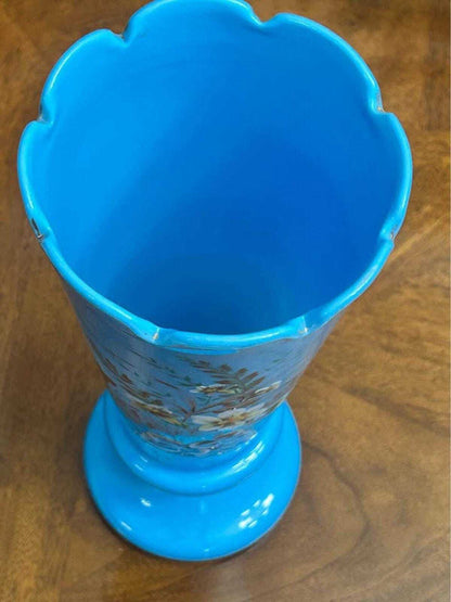 Antique Victorian Bristol Blue Glass Hand-Painted Enamel Floral Vase