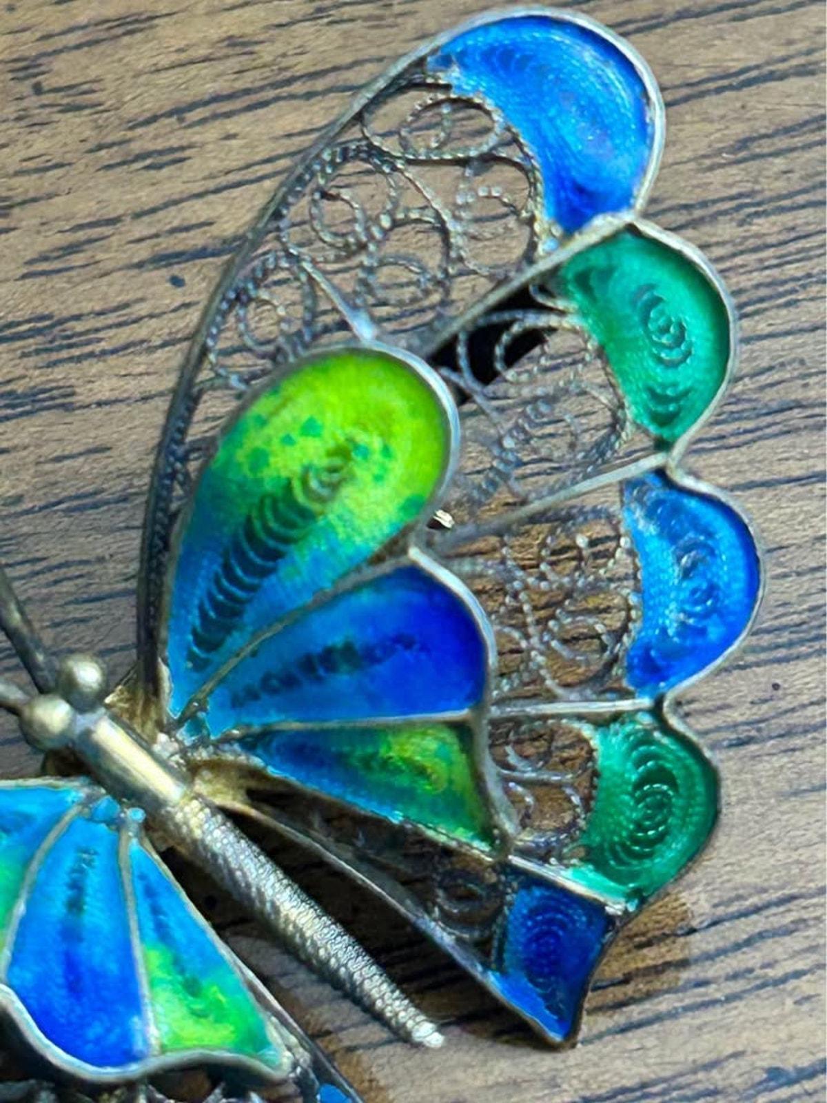 Vintage 800 Silver Filigree Butterfly Brooch With Blue & Green Enamel