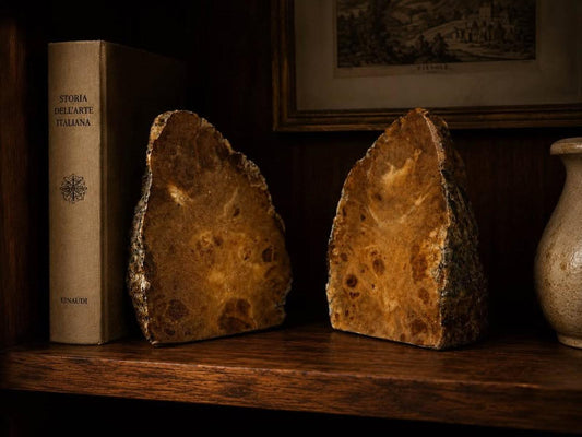 Vintage Italian Polished Faux Bois Stone Brutalist Bookends
