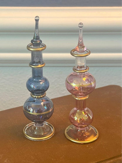 Vintage Egyptian Hand Blown Glass Perfume Bottles Gold Gilt Trim Set of Two