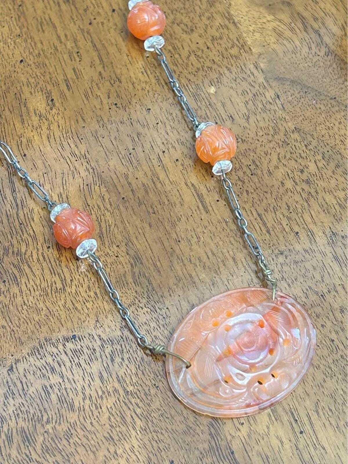 Antique Chinese Export Carved Carnelian Repurposed Button Pendant Sterling Silver Necklace