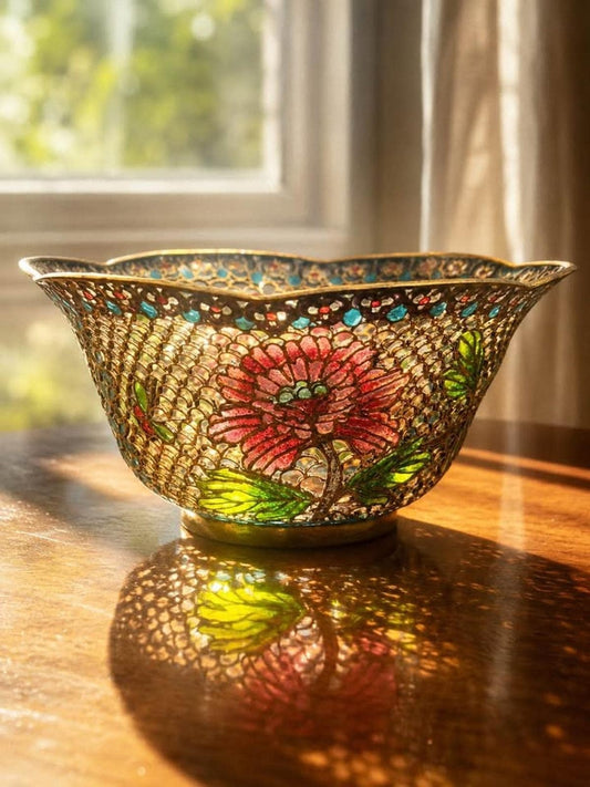 Vintage Plique-à-Jour Translucent Enamel Floral Bowl Scalloped Edge