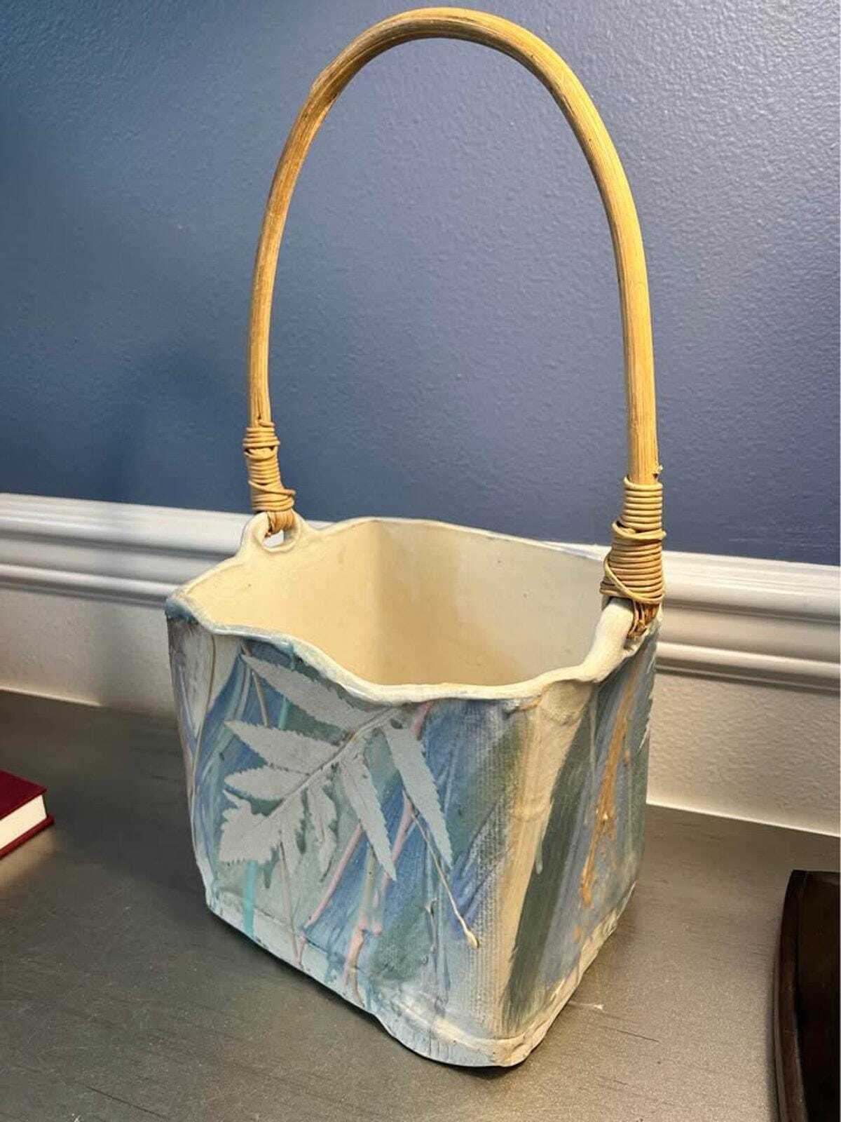 Hannegan Studio Art Pottery Square Basket with Bentwood Handle