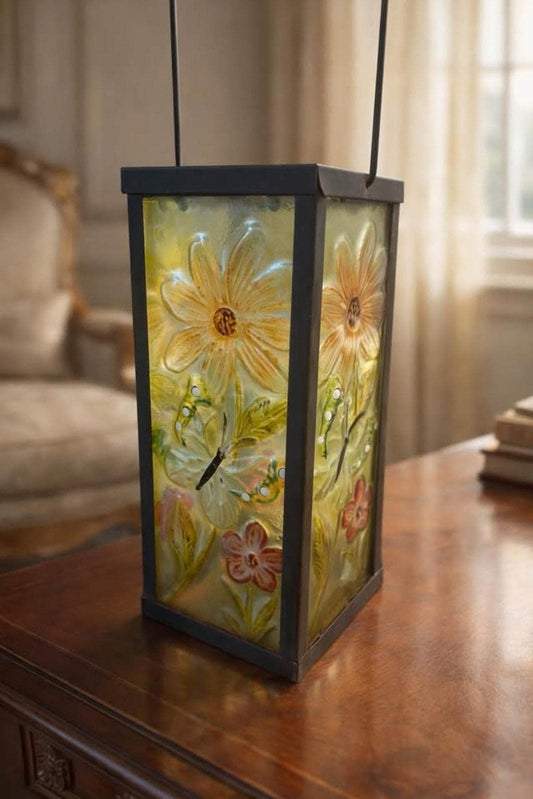 Hand-Painted Floral Textured Glass Lantern with Metal Frame