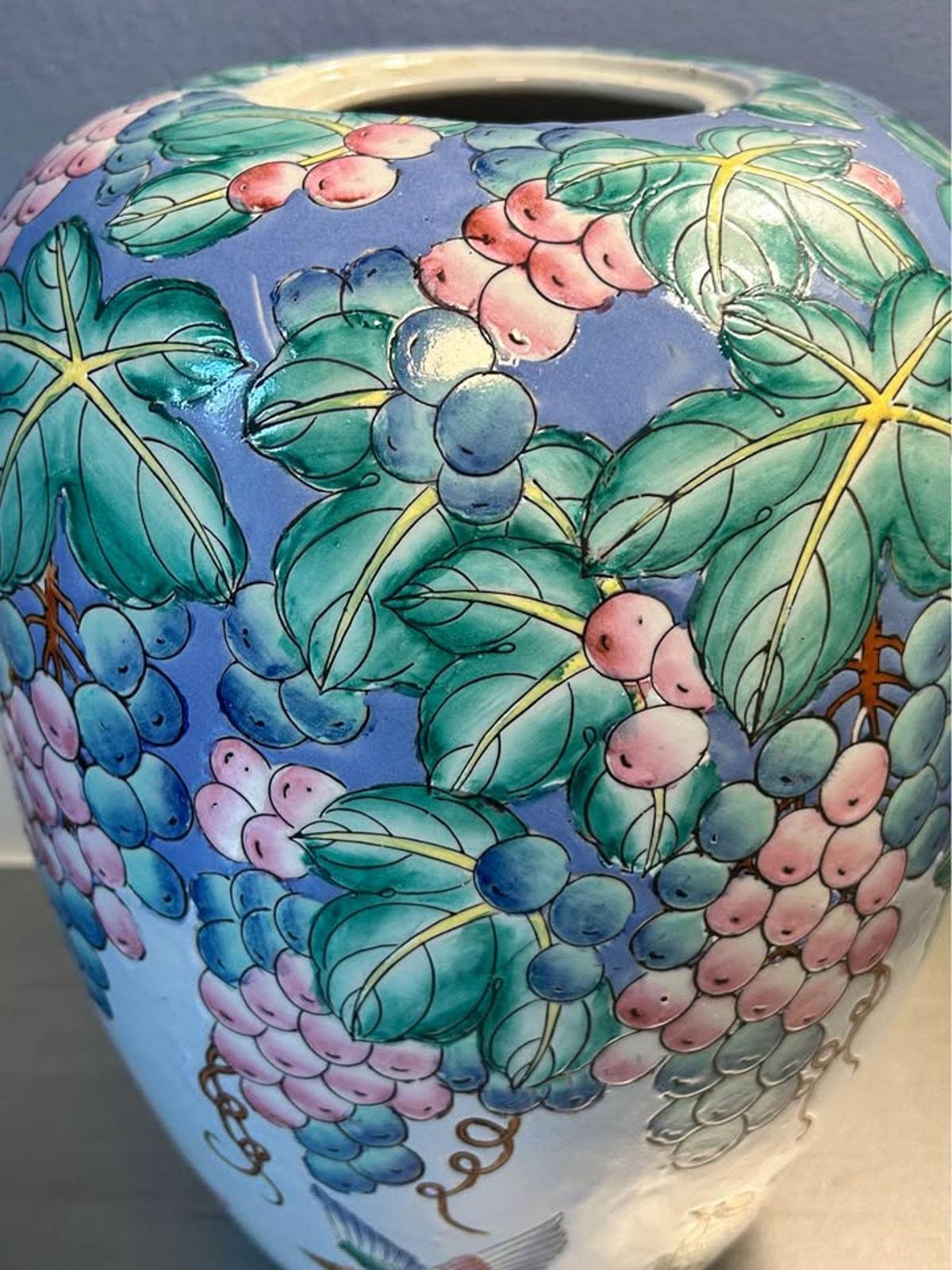 Large Vintage Chinese Raised Enamel Grape and Bird Vase