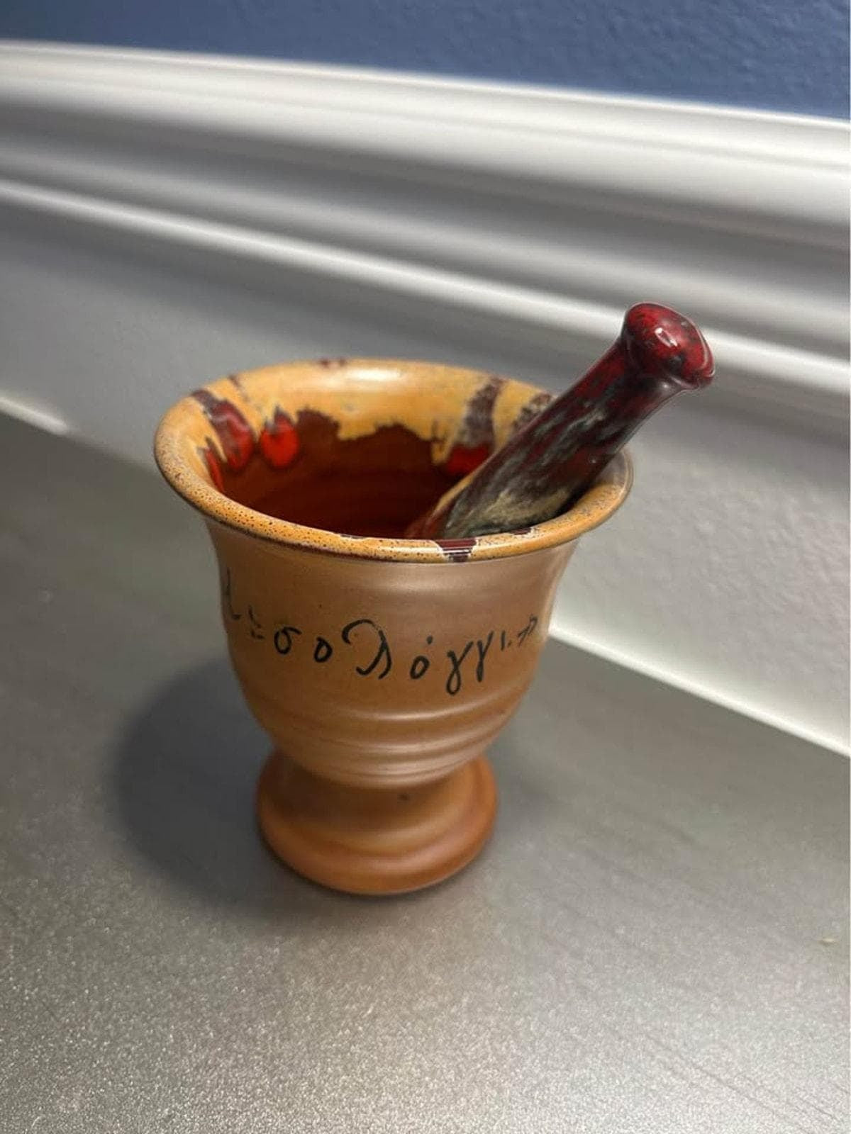 Vintage Handmade Greek Ceramic Mortar and Pestle | Signed Missolonghi Terracotta | Hellenic Folk Art Kitchenware