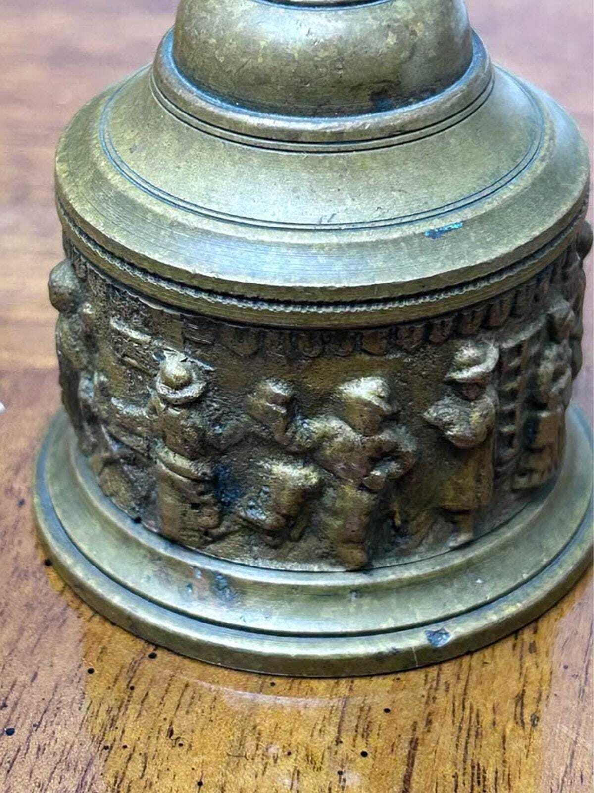 Vintage Cast Brass Tavern Scene Hand Bell with Wreath Handle
