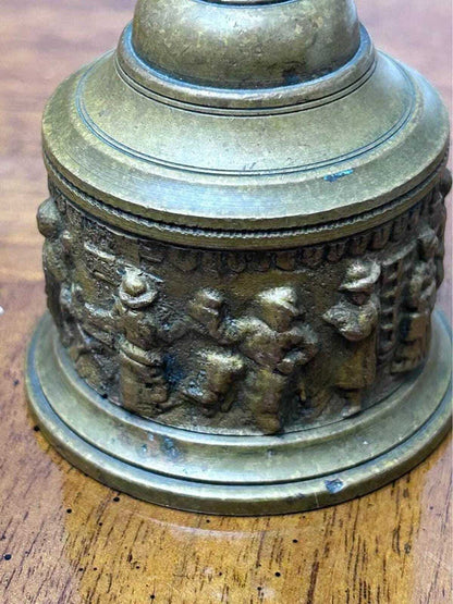 Vintage Cast Brass Tavern Scene Hand Bell with Wreath Handle