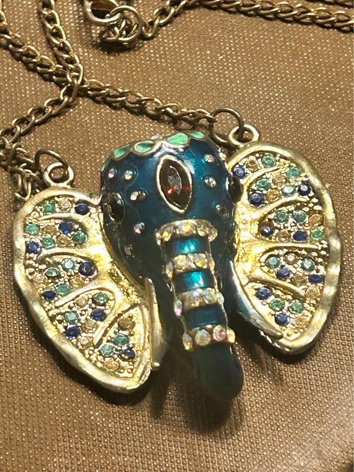 Vintage Betsey Johnson Blue Enamel Elephant Pendant Necklace