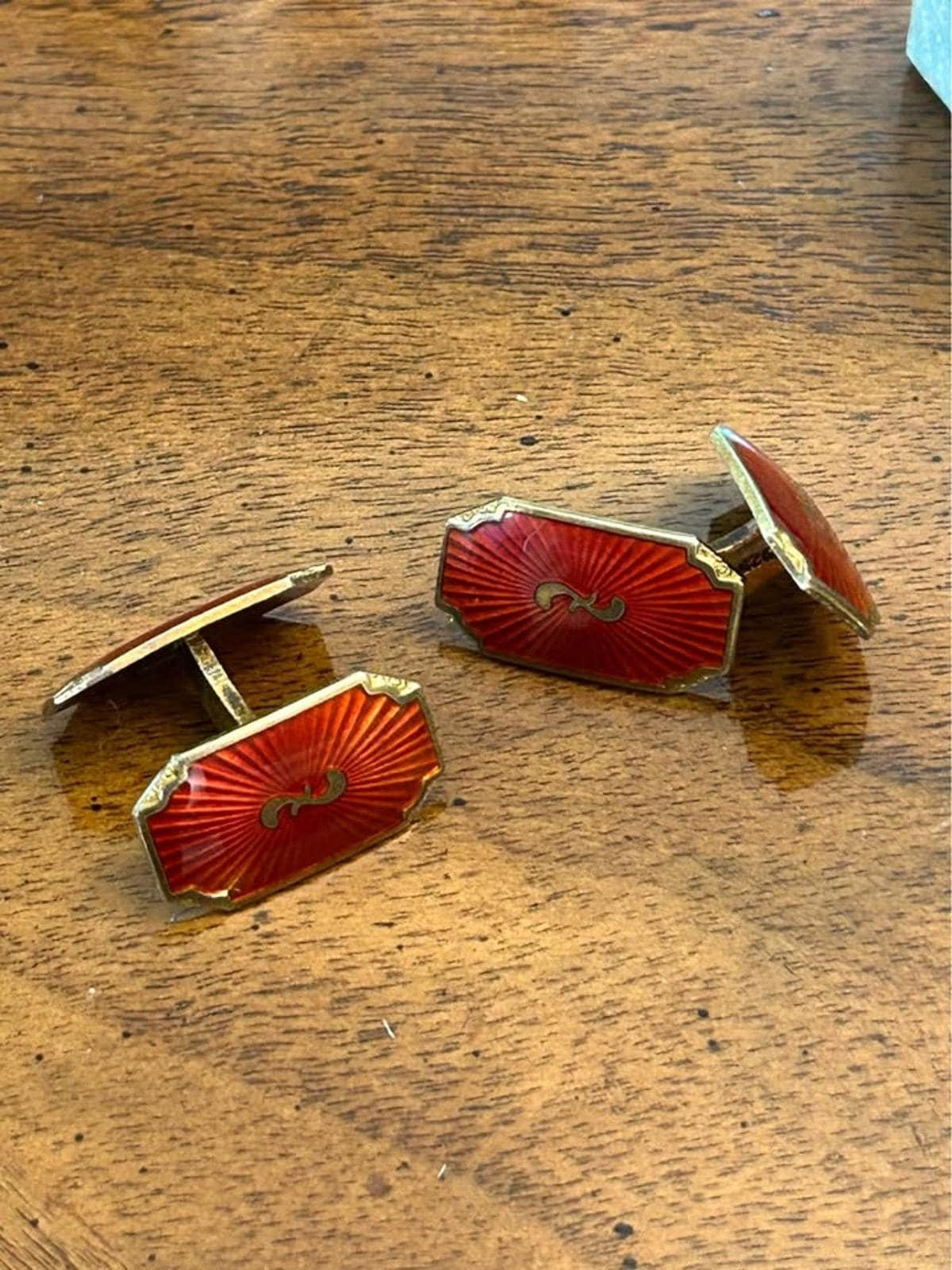 Vintage Norwegian Sterling Silver Vermeil & Red Guilloché Enamel Cufflinks, R.W.