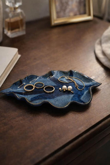 Sturbridge Pottery Blue Leaf Dish – Handcrafted Stoneware Trinket Tray