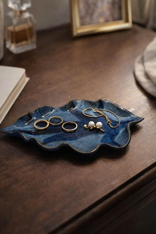 Sturbridge Pottery Blue Leaf Dish – Handcrafted Stoneware Trinket Tray