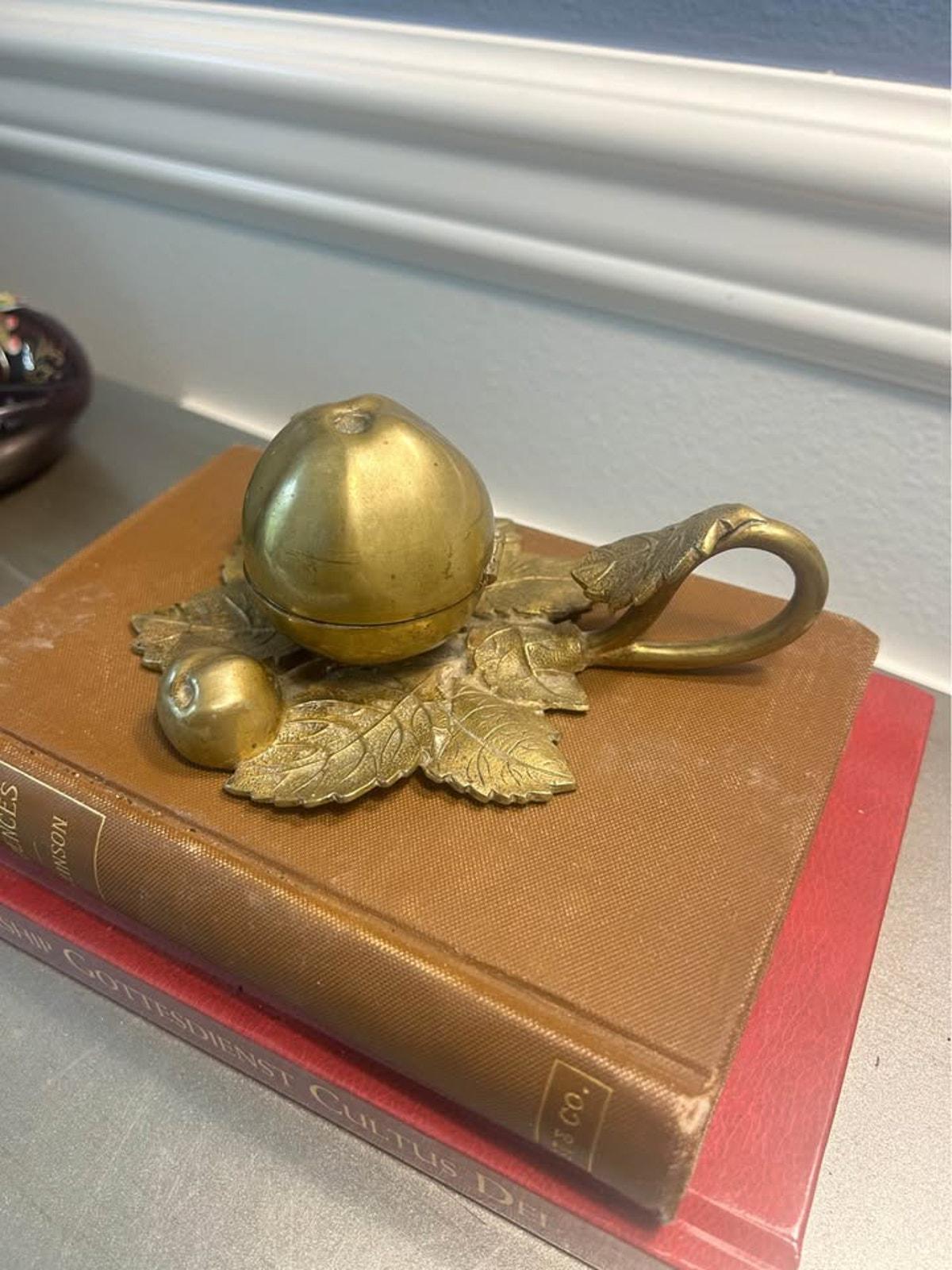 Antique Cast Brass Pomegranate Inkwell & Taper Candle Holder on Detailed Leaf Base