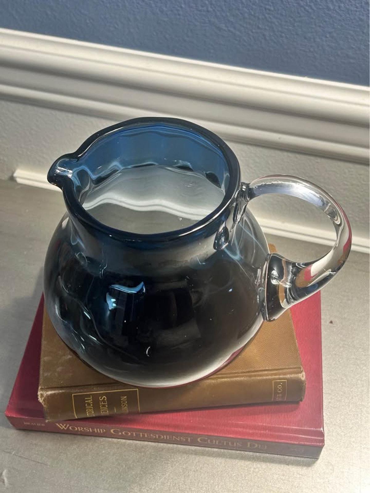 Mid-Century Hand-Blown Blue Art Glass Pitcher | Optic Ribbed Bulbous Jug with Clear Applied Handle